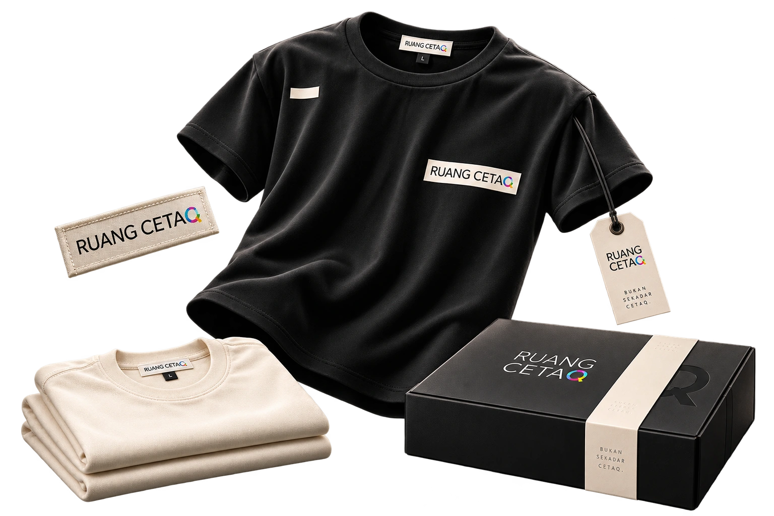 Kaos hitam, produk ivory, label, dan packaging RUANG CETAQ